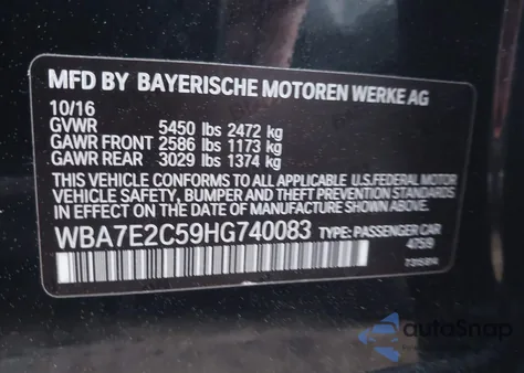 2017 BMW 740I z USA, uszkodzony, nr VIN WBA7E2C59HG740083